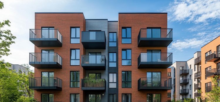 Újonnan épült társasház szigetelés modern homlokzattal és erkélyekkel.